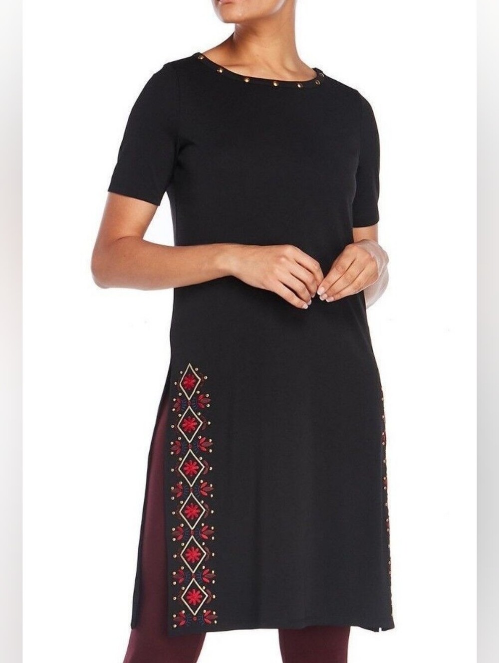 Rafaella Aztec Embroidered Crepe Tunic